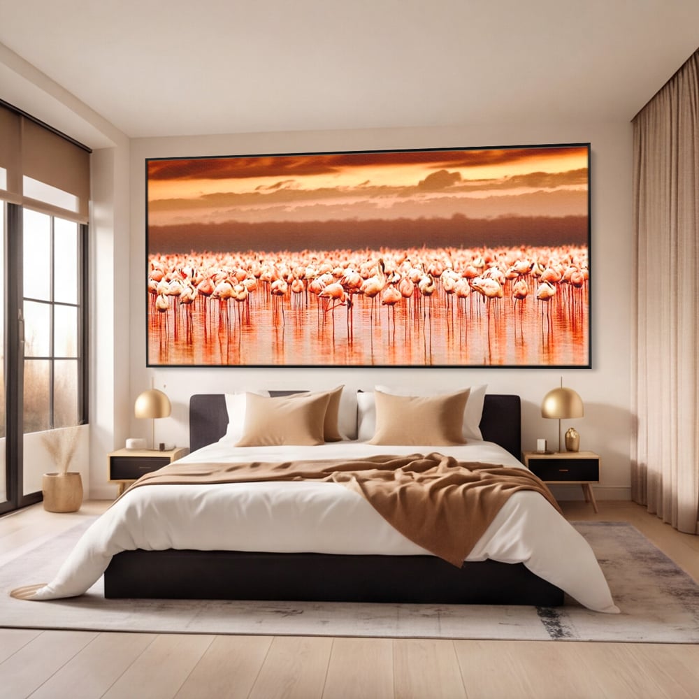 Tablou canvas cu tablou canvas cu stol de flamingo la apus, in rama de aluminiu negru, pe perete intr-un dormitor